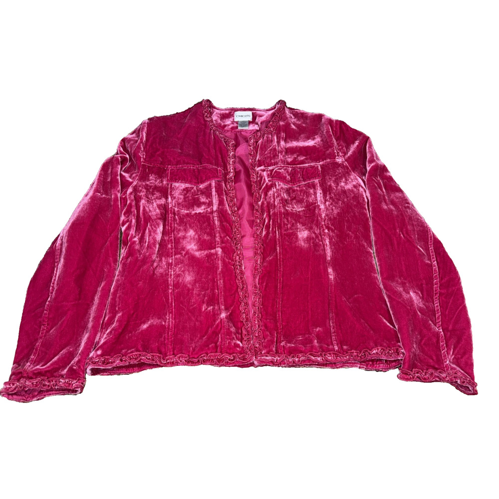 Chico's Pink Velvet Cropped Open Front Jacket Size 1 Ruffle Trim